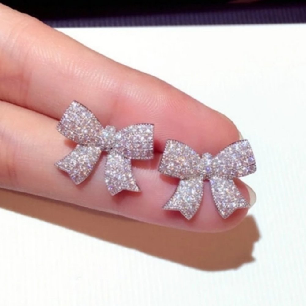 Sparkling Bow Stud Earrings in Silver